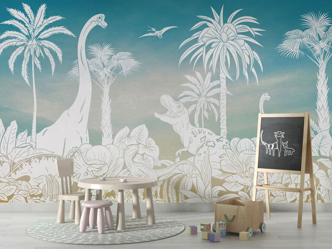 MONOCHROME DINO BLUE SKY - Mural - School board