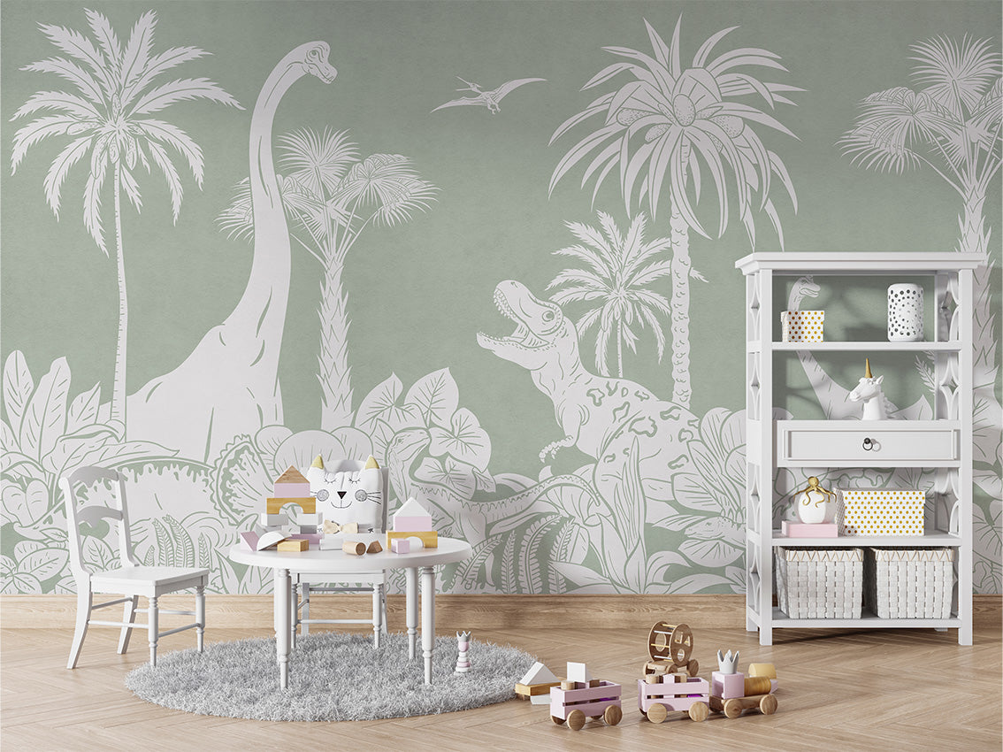 MONOCHROME DINO GREEN - Mural - Table and cabinet