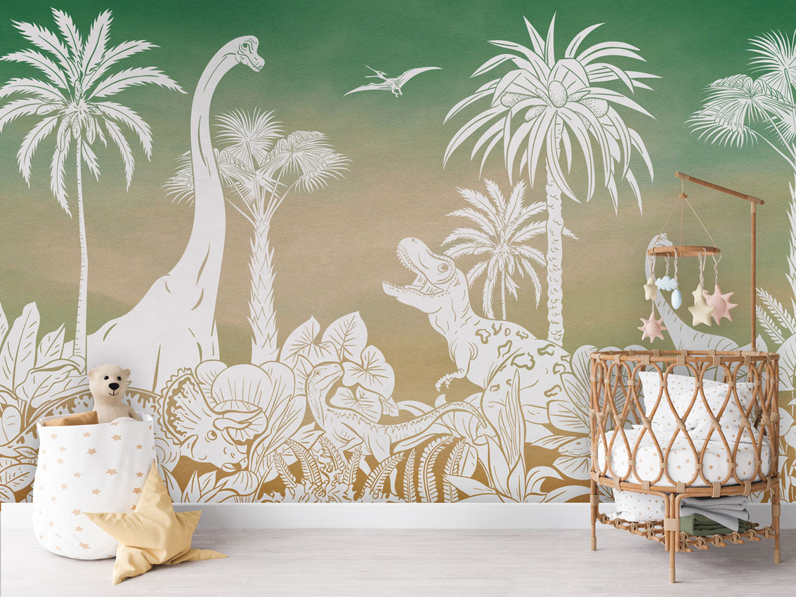 MONOCHROME DINO GREEN SKY - Mural - Crib rotan