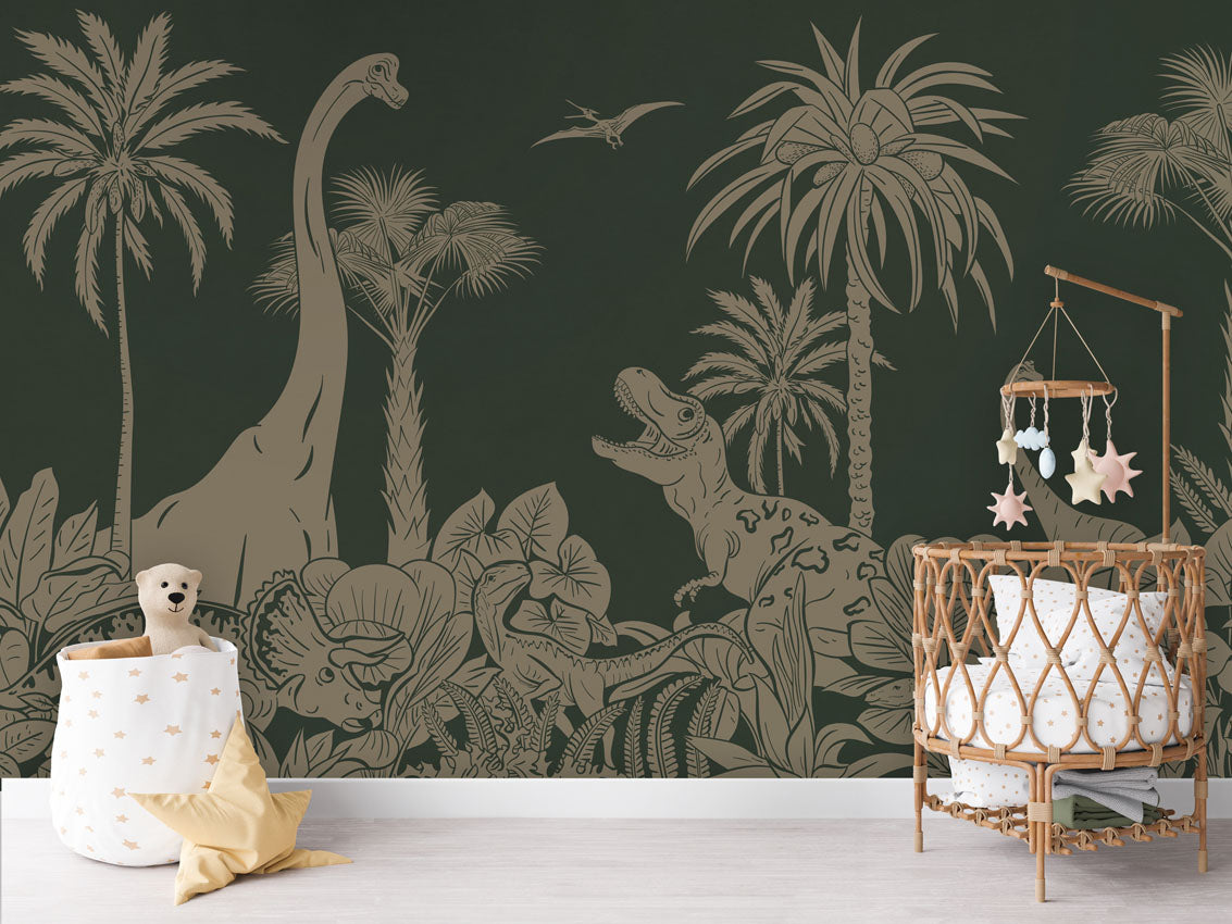 MONOCHROME DINO GREEN VINTAGE - Mural - Crib rotan