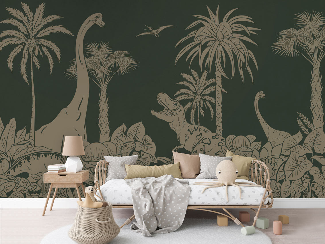 MONOCHROME DINO GREEN VINTAGE - Mural - Rotan couch