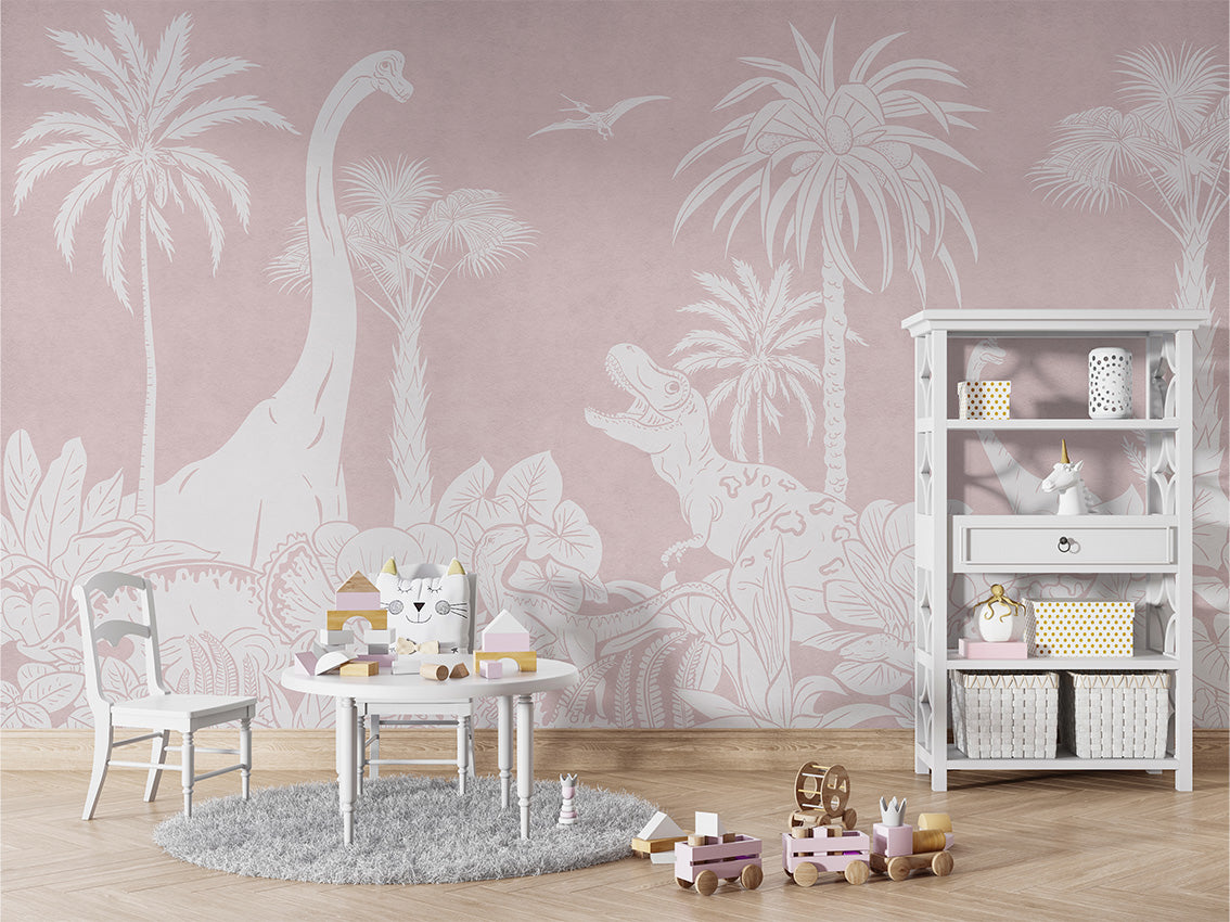 MONOCHROME DINO PINK - Mural - Table and cabinet