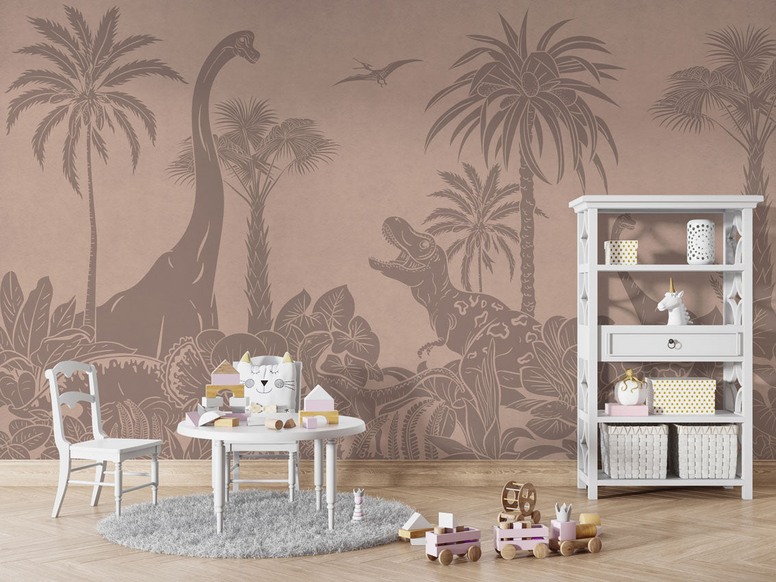 MONOCHROME DINO PINK VINTAGE - Mural - Table and cabinet