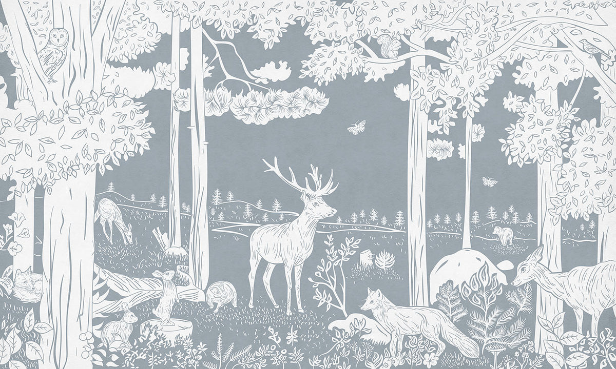Monochrome Forest - Blue letër murale Kikki Belle me pemë dhe kafshë pylli