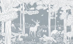 Monochrome Forest - Blue letër murale Kikki Belle me pemë dhe kafshë pylli