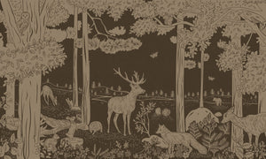 Monochrome Forest - Brown Vintage letër murale Kikki Belle me pemë dhe kafshë pylli