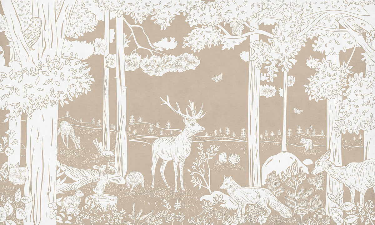 Monochrome Forest - Brown letër murale Kikki Belle me pemë dhe kafshë pylli