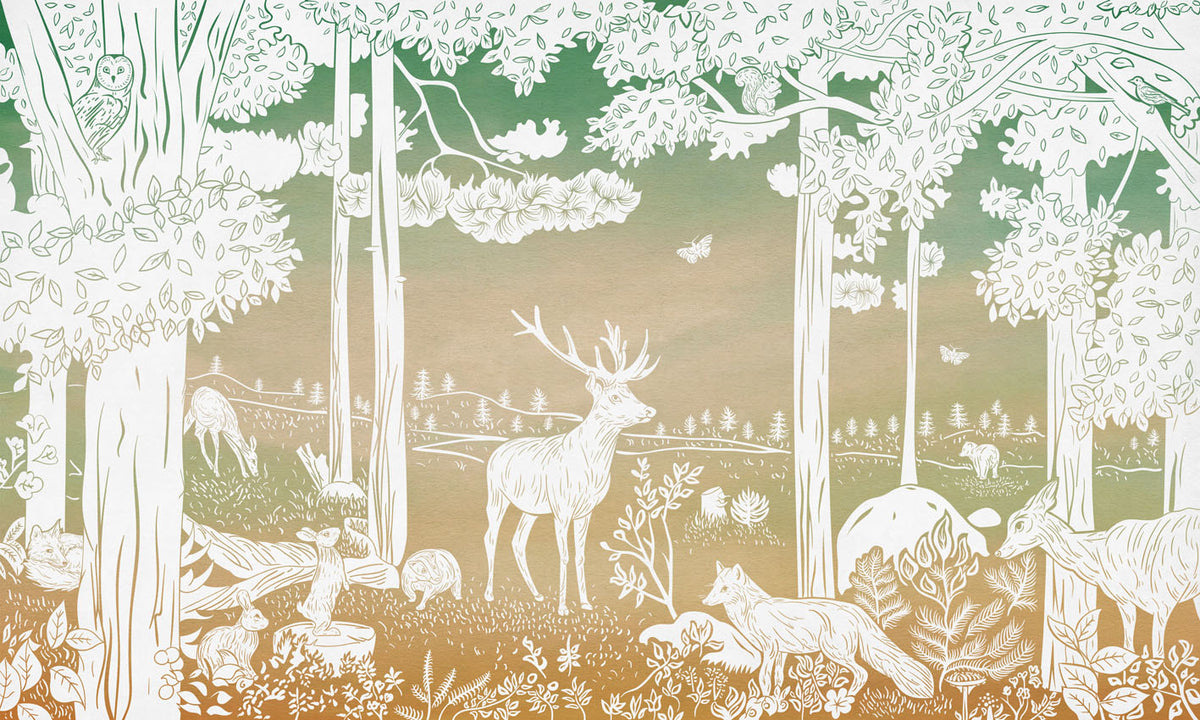 Monochrome Forest - Green Sky letër murale Kikki Belle me pemë dhe kafshë pylli
