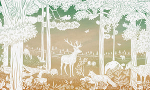 Monochrome Forest - Green Sky letër murale Kikki Belle me pemë dhe kafshë pylli