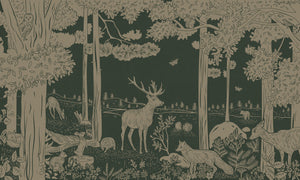 Monochrome Forest - Green Vintage letër murale Kikki Belle me pemë dhe kafshë pylli