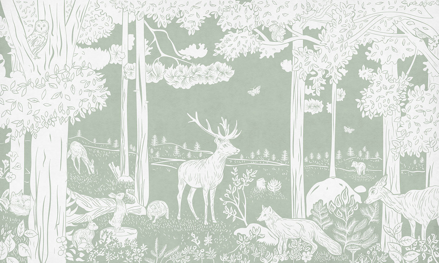 Monochrome Forest - Green letër murale Kikki Belle me pemë dhe kafshë pylli