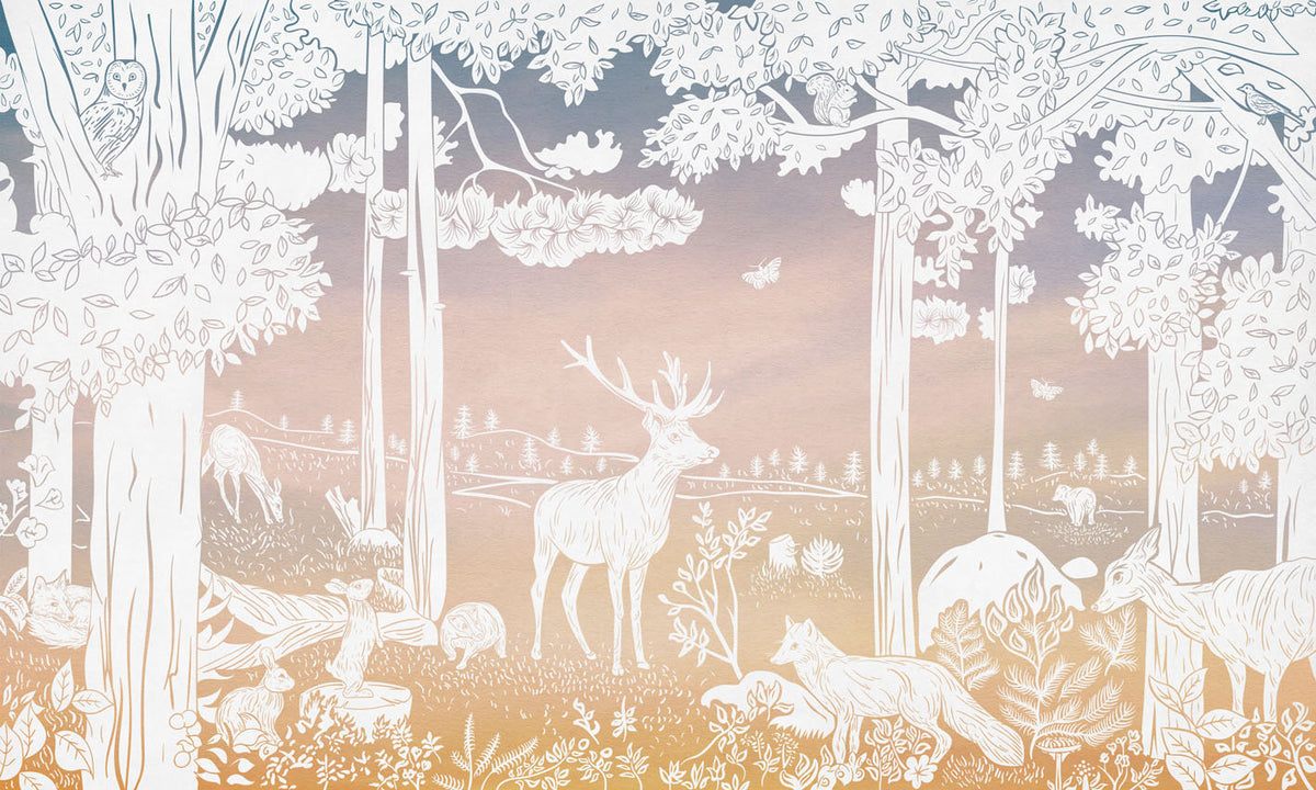 Monochrome Forest - Pink Sky letër murale Kikki Belle me pemë dhe kafshë pylli