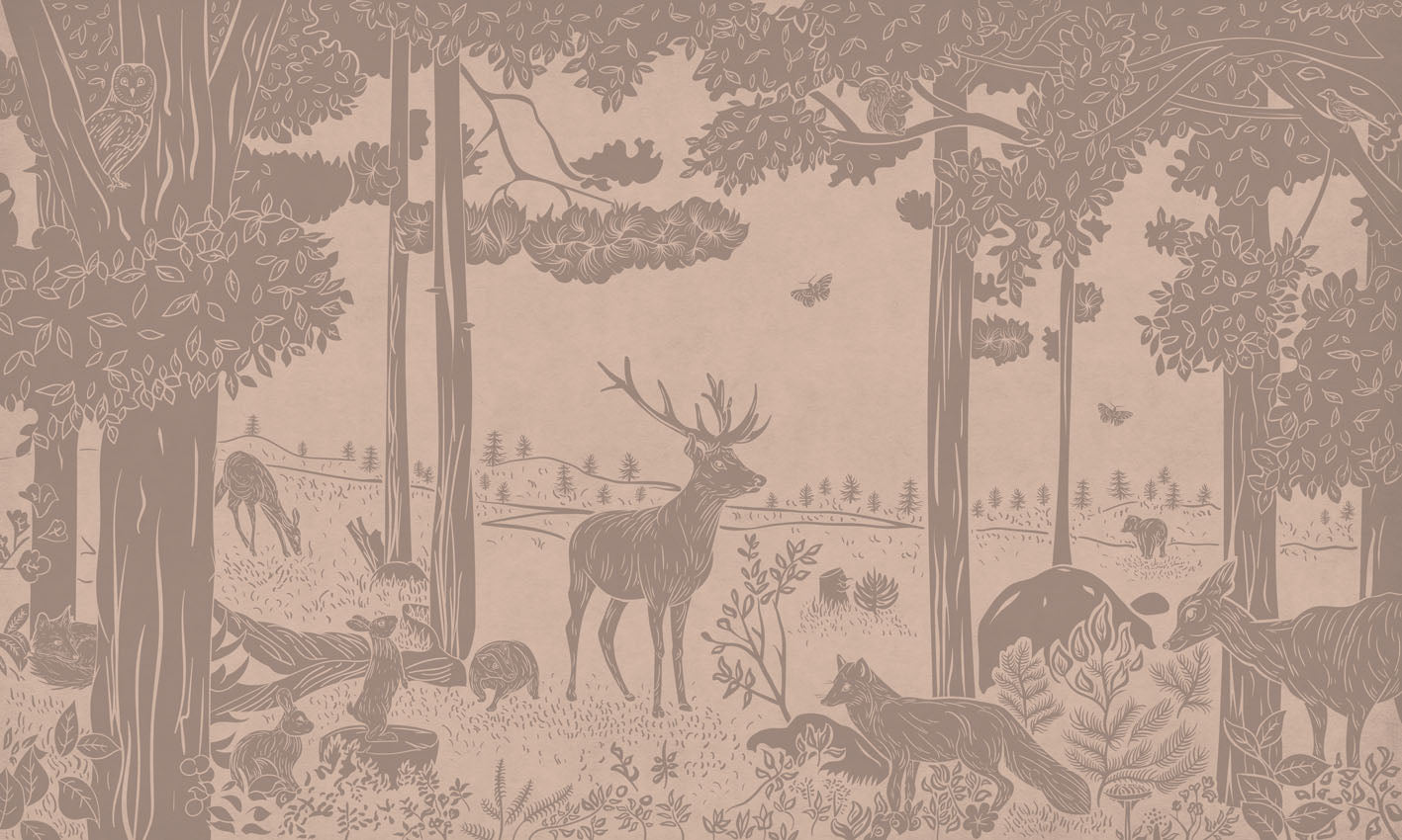 Monochrome Forest - Pink Vintage letër murale Kikki Belle me pemë dhe kafshë pylli