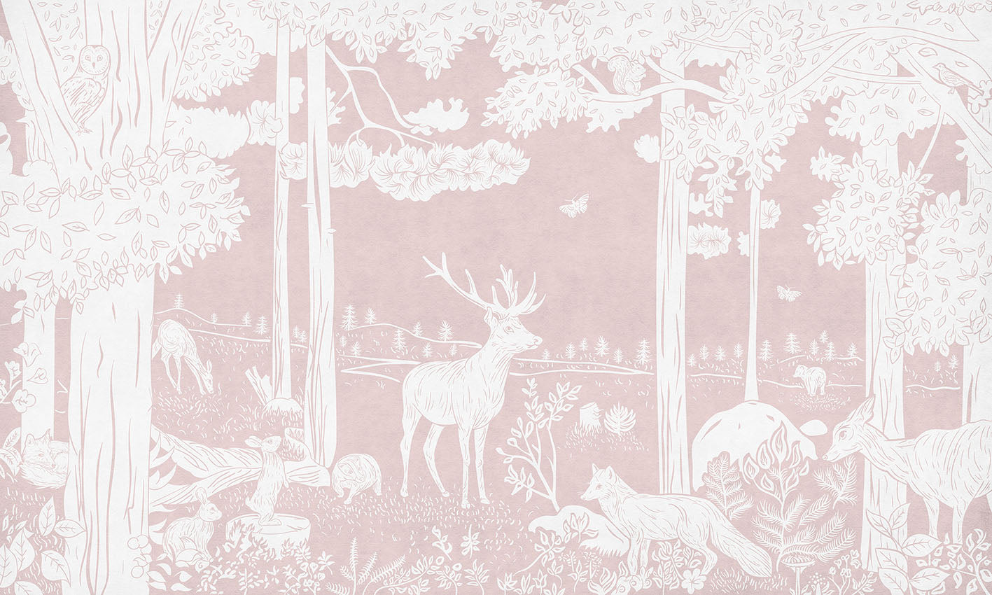 Monochrome Forest - Pink letër murale Kikki Belle me pemë dhe kafshë pylli