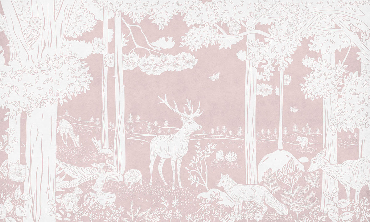 Monochrome Forest - Pink letër murale Kikki Belle me pemë dhe kafshë pylli