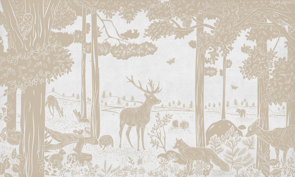 Monochrome Forest - White Vintage letër murale Kikki Belle me pemë dhe kafshë pylli