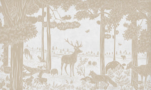 Monochrome Forest - White Vintage letër murale Kikki Belle me pemë dhe kafshë pylli