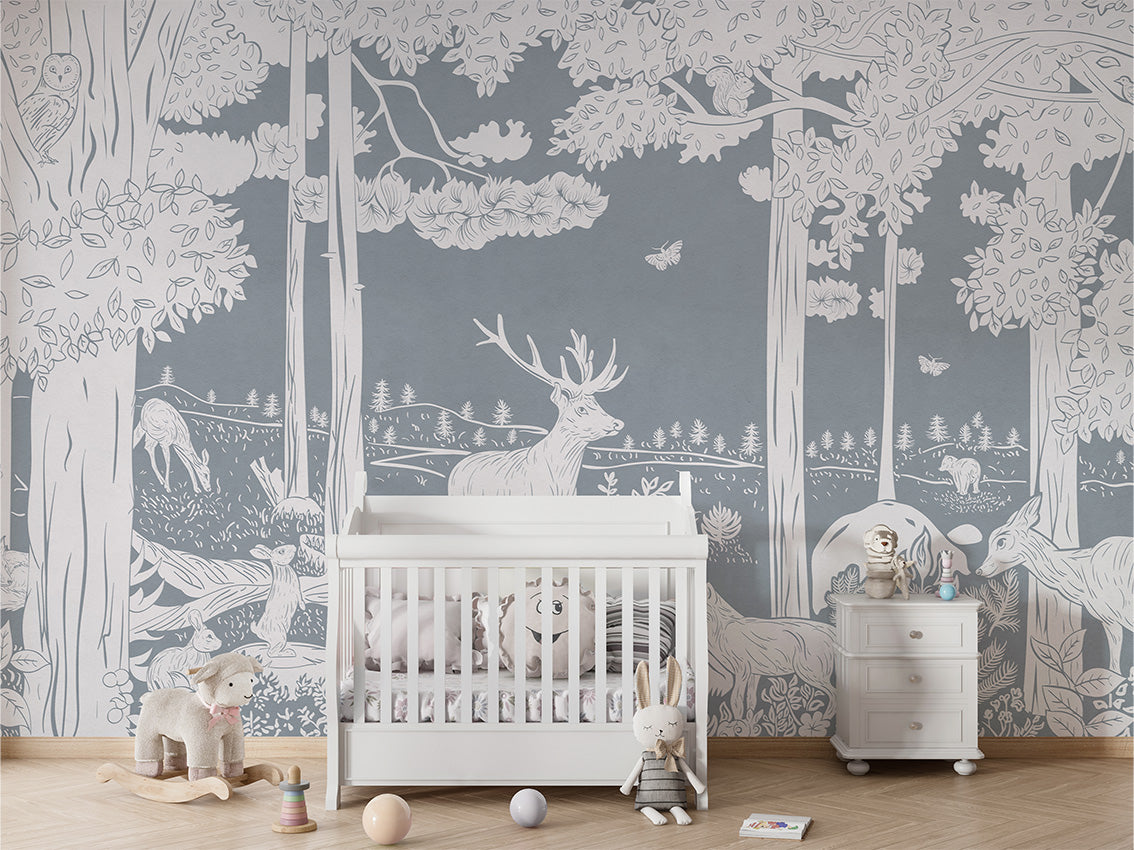 MONOCHROME FOREST BLUE - Mural - Crib white