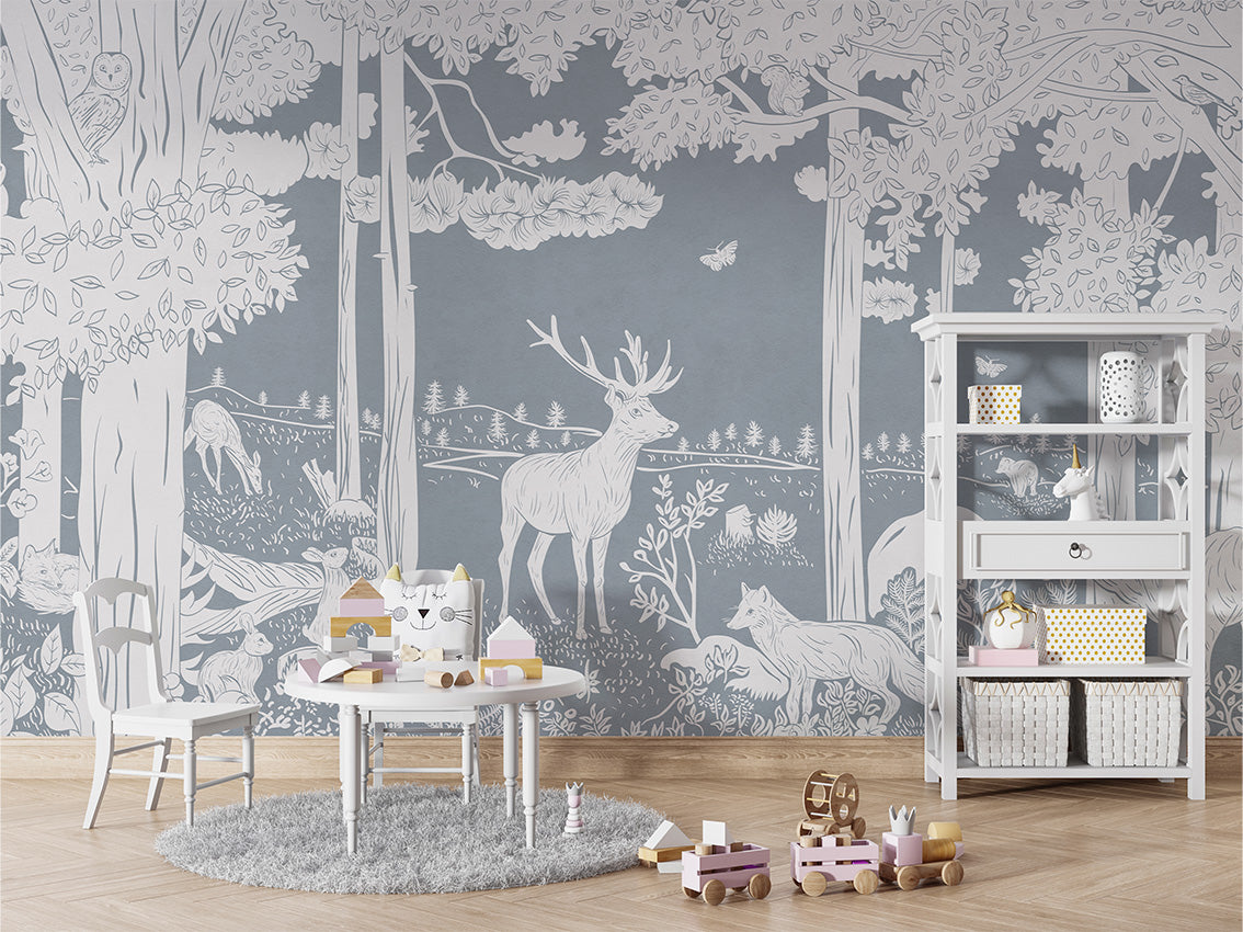 MONOCHROME FOREST BLUE - Mural - Table and cabinet