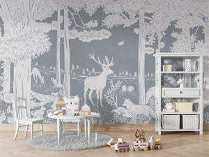 MONOCHROME FOREST BLUE - Mural - Table and cabinet