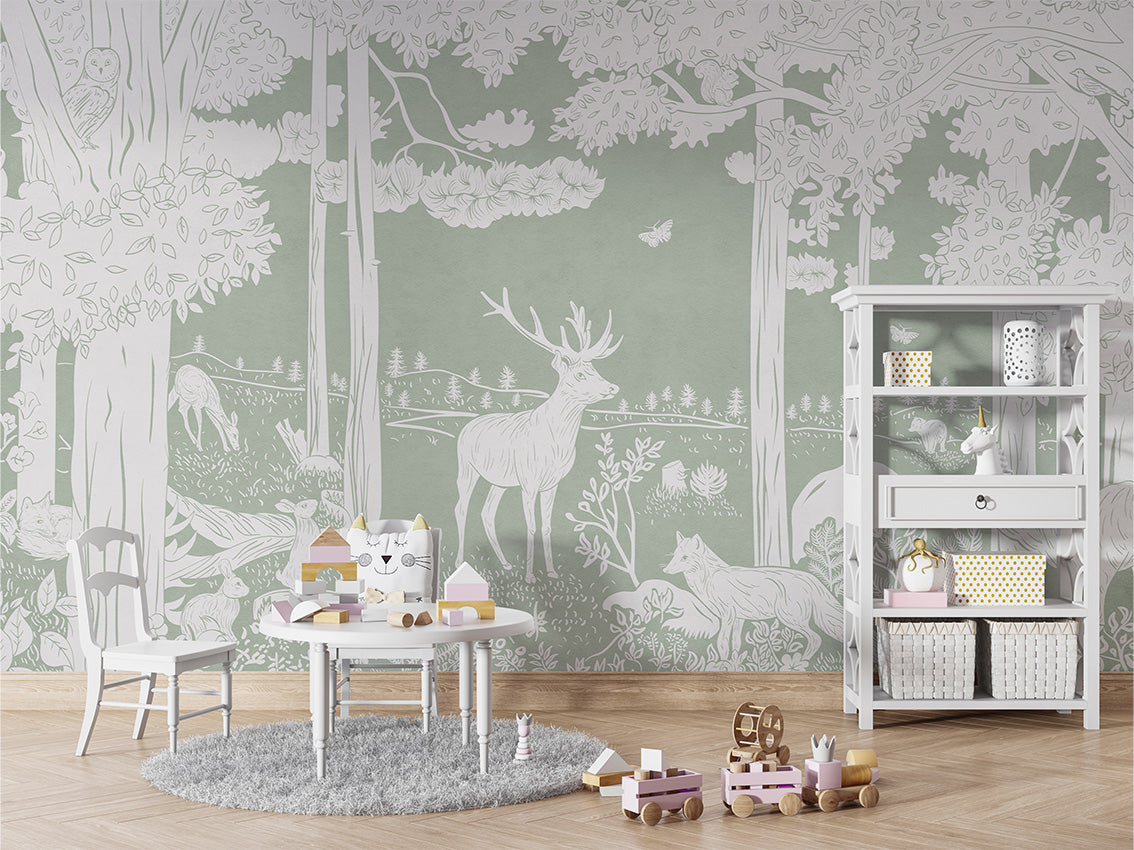 MONOCHROME FOREST GREEN - Mural - Table and cabinet