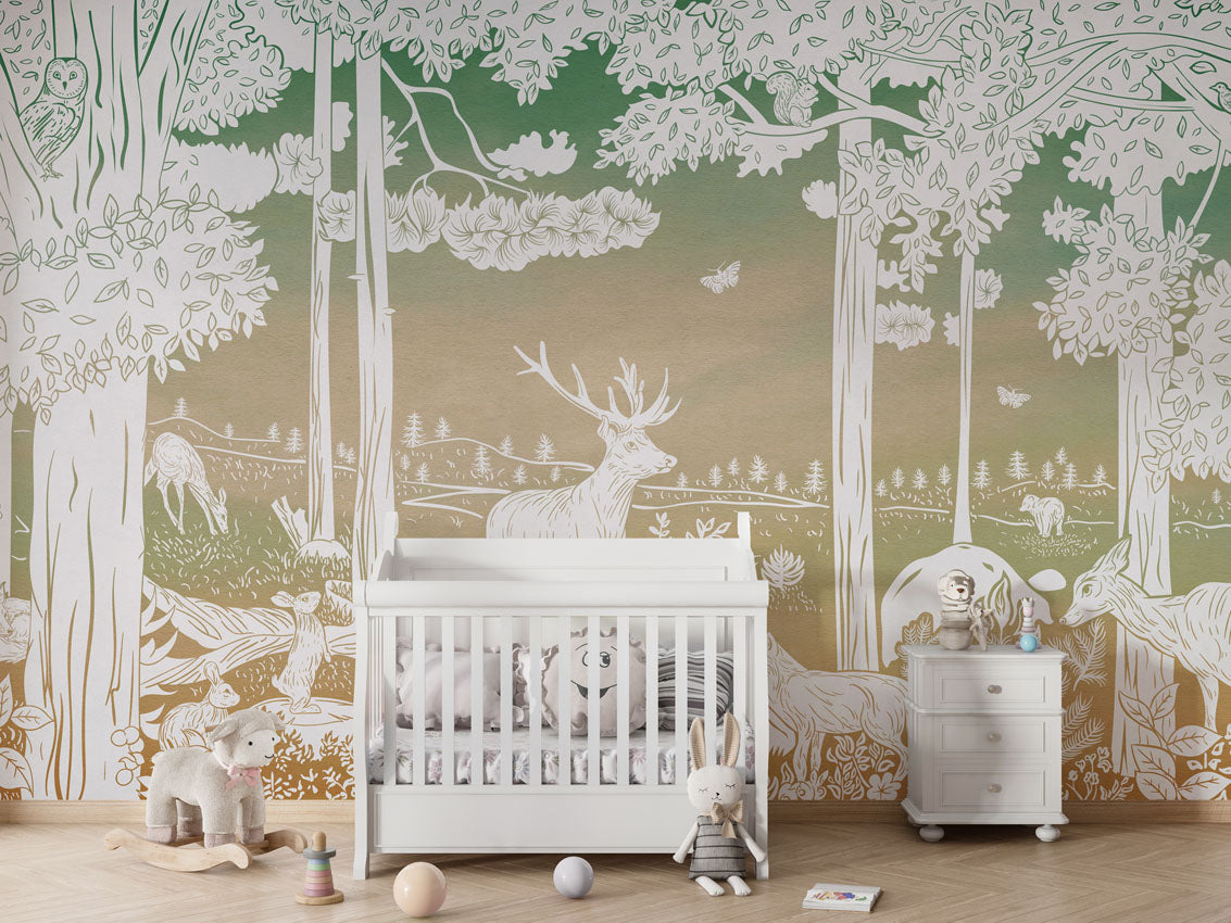 MONOCHROME FOREST GREEN SKY - Mural - Crib white