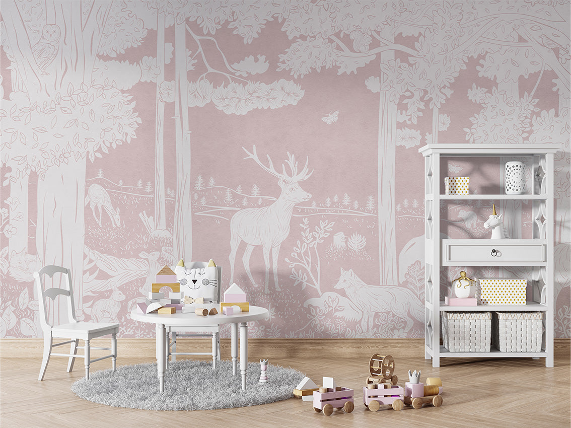 MONOCHROME FOREST PINK - Mural - Table and cabinet