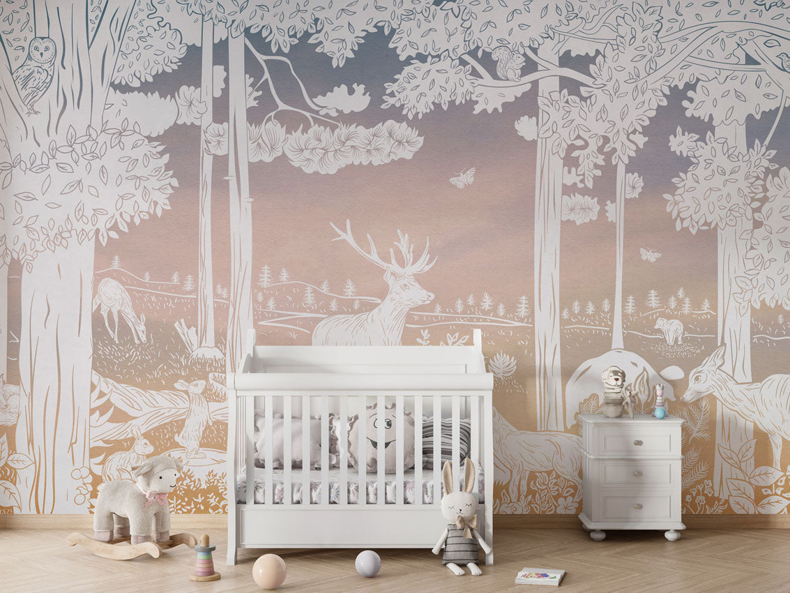 MONOCHROME FOREST PINK SKY - Mural - Crib white