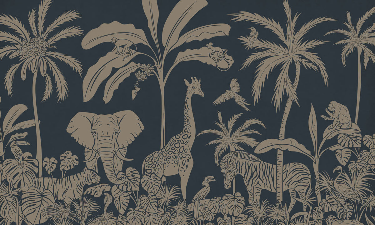 Monochrome Jungle - Blue Vintage letër murale Kikki Belle me kafshë safari, palma dhe bimësi tropikale