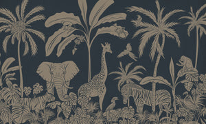 Monochrome Jungle - Blue Vintage letër murale Kikki Belle me kafshë safari, palma dhe bimësi tropikale
