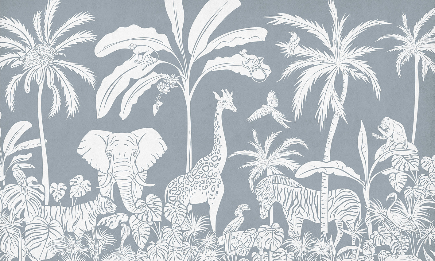 Monochrome Jungle - Blue letër murale Kikki Belle me kafshë safari, palma dhe bimësi tropikale