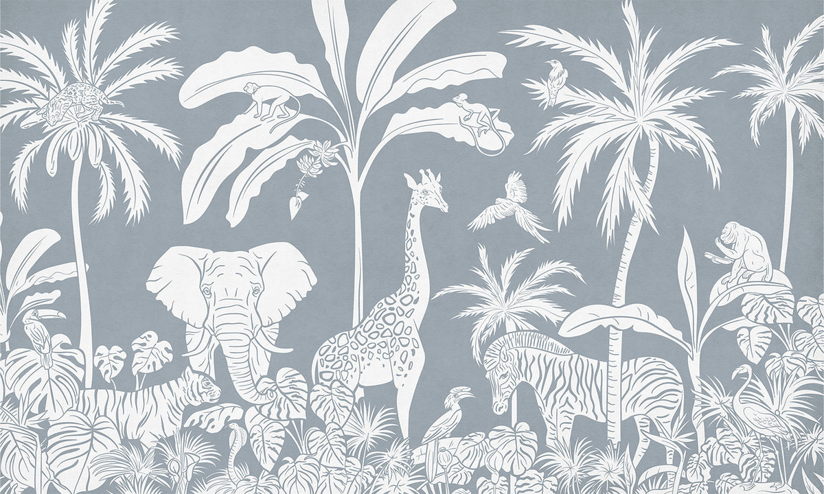 Monochrome Jungle - Blue letër murale Kikki Belle me kafshë safari, palma dhe bimësi tropikale