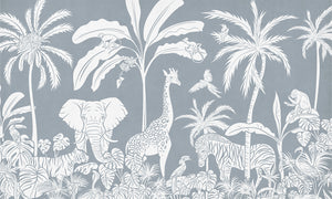 Monochrome Jungle - Blue letër murale Kikki Belle me kafshë safari, palma dhe bimësi tropikale