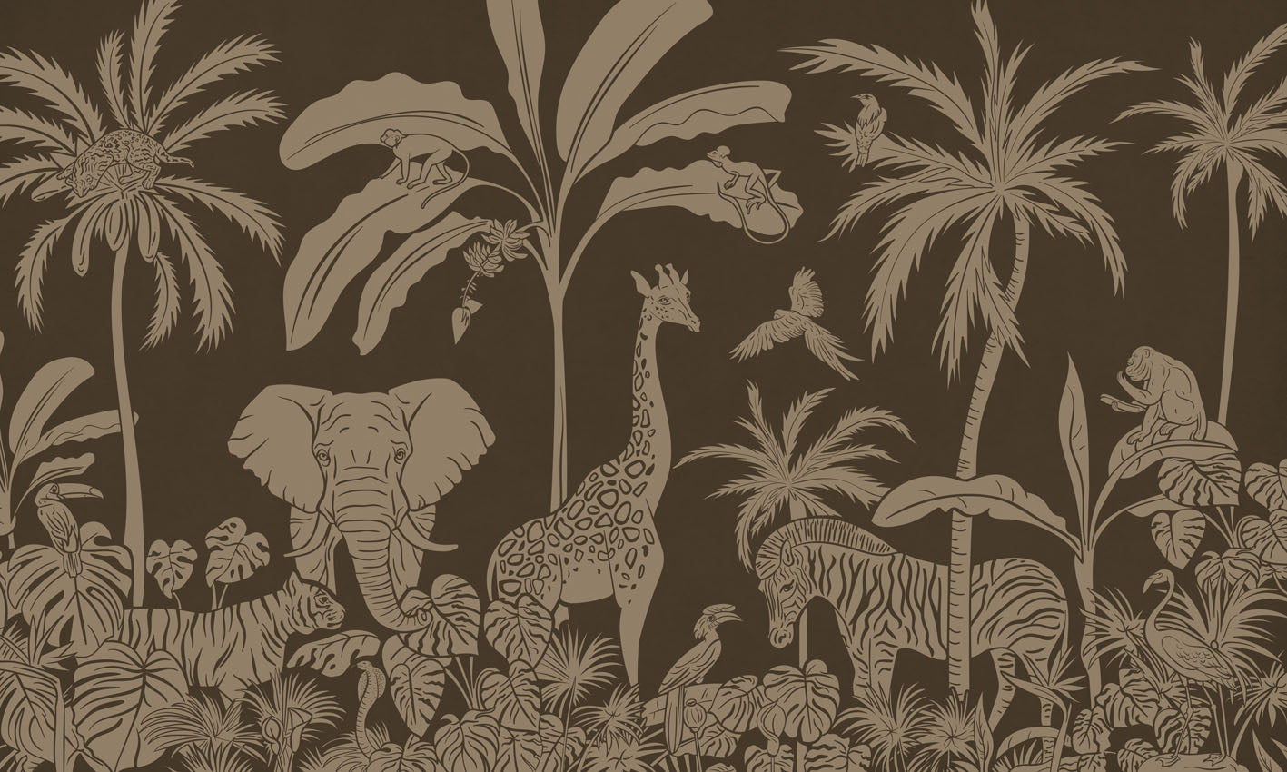 Monochrome Jungle - Brown Vintage letër murale Kikki Belle me kafshë safari, palma dhe bimësi tropikale
