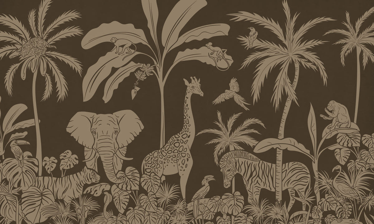 Monochrome Jungle - Brown Vintage letër murale Kikki Belle me kafshë safari, palma dhe bimësi tropikale