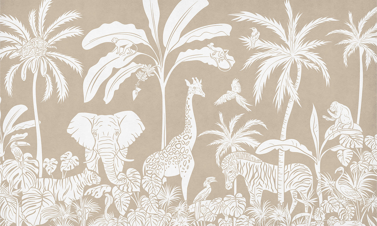 Monochrome Jungle - Brown letër murale Kikki Belle me kafshë safari, palma dhe bimësi tropikale