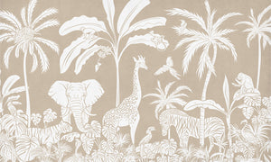 Monochrome Jungle - Brown letër murale Kikki Belle me kafshë safari, palma dhe bimësi tropikale
