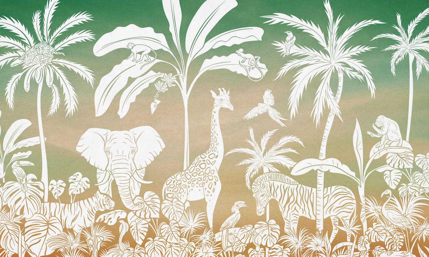 Monochrome Jungle - Green Sky letër murale Kikki Belle me kafshë safari, palma dhe bimësi tropikale