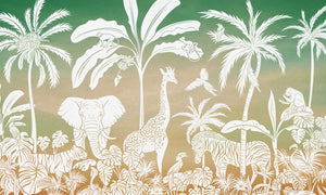 Monochrome Jungle - Green Sky letër murale Kikki Belle me kafshë safari, palma dhe bimësi tropikale
