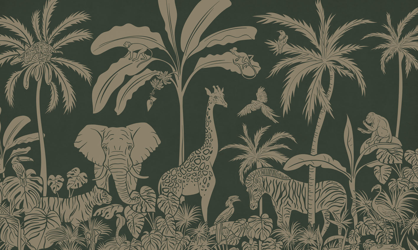 Monochrome Jungle - Green Vintage letër murale Kikki Belle me kafshë safari, palma dhe bimësi tropikale