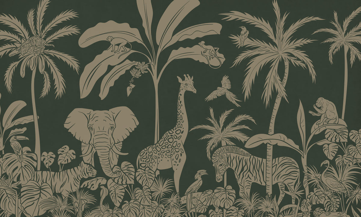 Monochrome Jungle - Green Vintage letër murale Kikki Belle me kafshë safari, palma dhe bimësi tropikale