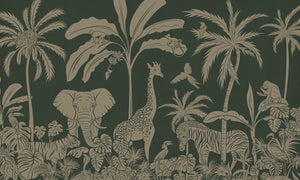 Monochrome Jungle - Green Vintage letër murale Kikki Belle me kafshë safari, palma dhe bimësi tropikale