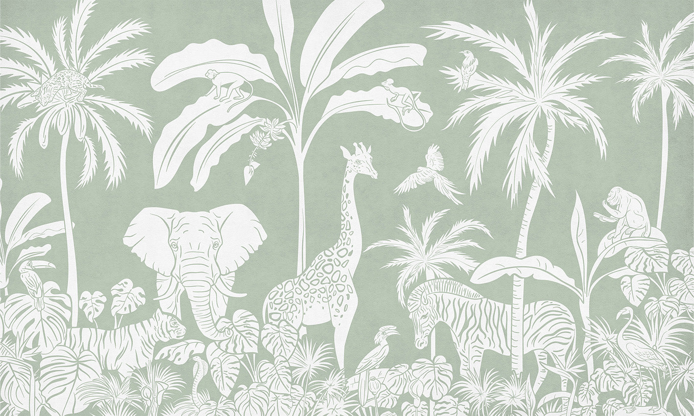Monochrome Jungle - Green letër murale Kikki Belle me kafshë safari, palma dhe bimësi tropikale