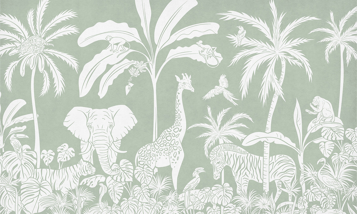 Monochrome Jungle - Green letër murale Kikki Belle me kafshë safari, palma dhe bimësi tropikale
