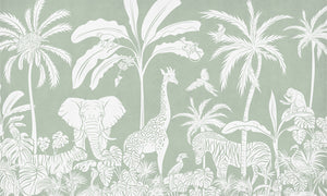 Monochrome Jungle - Green letër murale Kikki Belle me kafshë safari, palma dhe bimësi tropikale