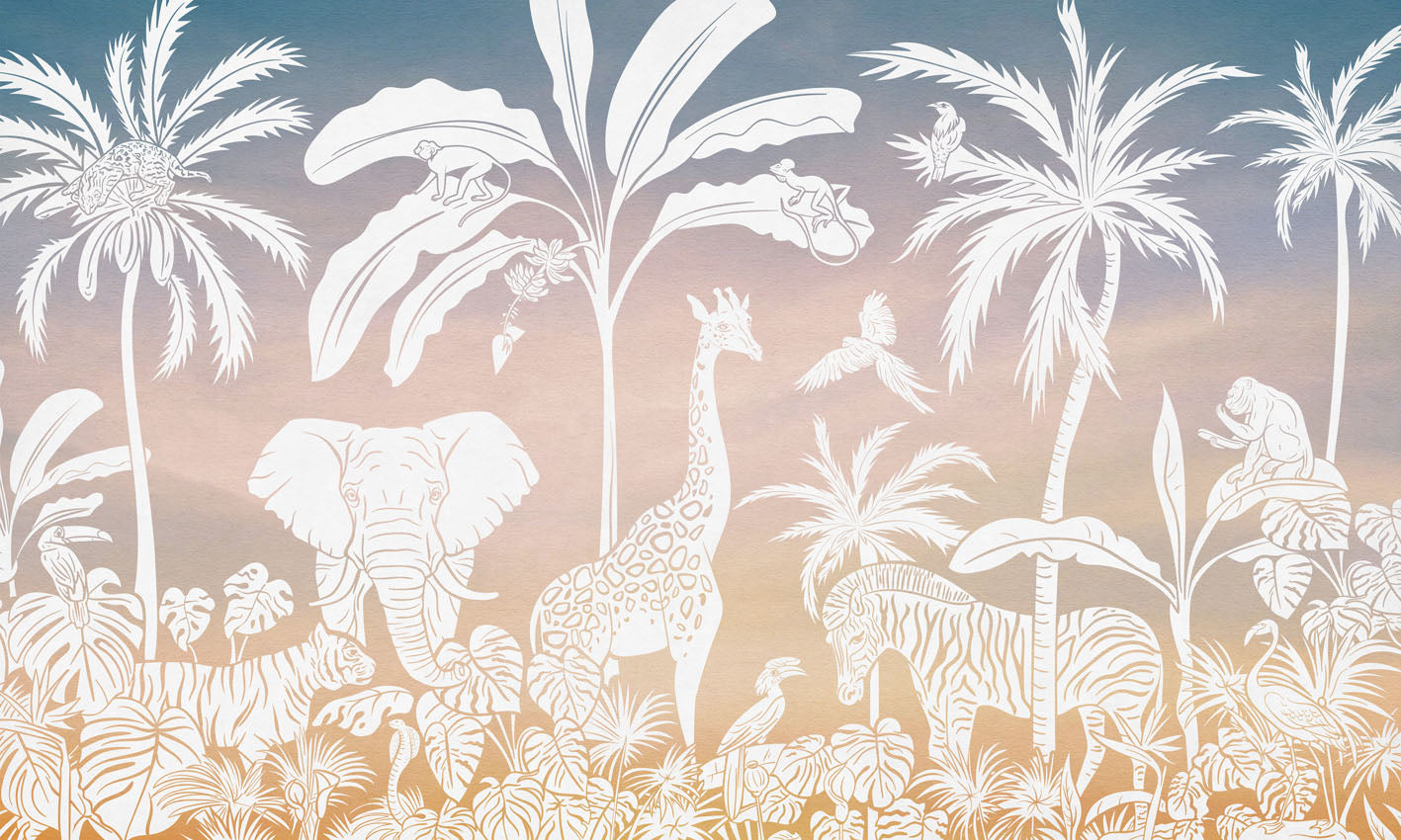 Monochrome Jungle - Pink Sky letër murale Kikki Belle me kafshë safari, palma dhe bimësi tropikale