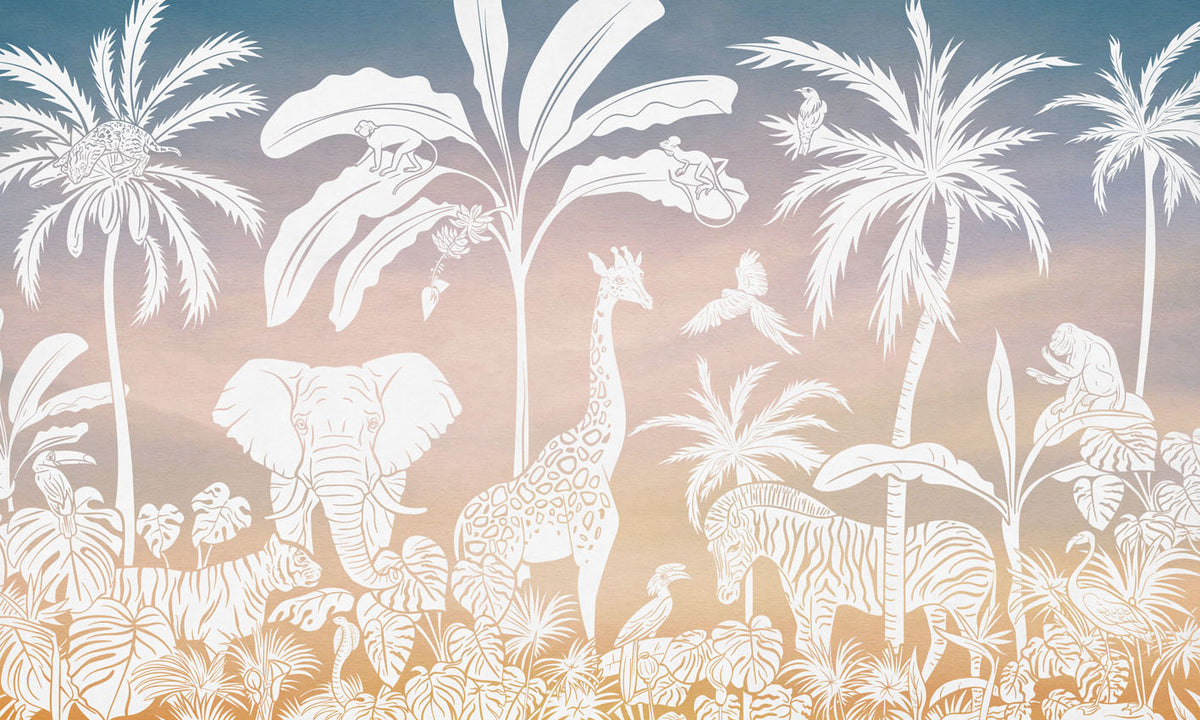 Monochrome Jungle - Pink Sky letër murale Kikki Belle me kafshë safari, palma dhe bimësi tropikale