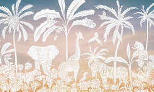 Monochrome Jungle - Pink Sky letër murale Kikki Belle me kafshë safari, palma dhe bimësi tropikale