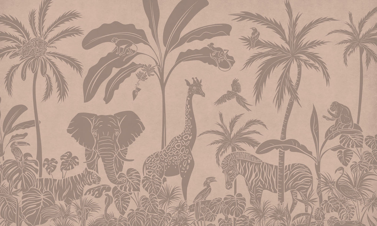 Monochrome Jungle - Pink Vintage letër murale Kikki Belle me kafshë safari, palma dhe bimësi tropikale