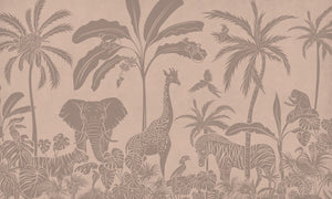 Monochrome Jungle - Pink Vintage letër murale Kikki Belle me kafshë safari, palma dhe bimësi tropikale